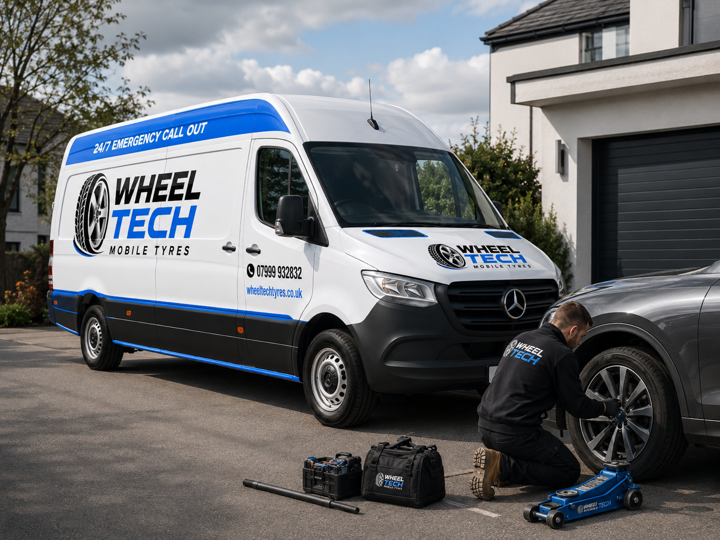 Wheel Tech van carrying out tyre fitting on a customer's driveway
