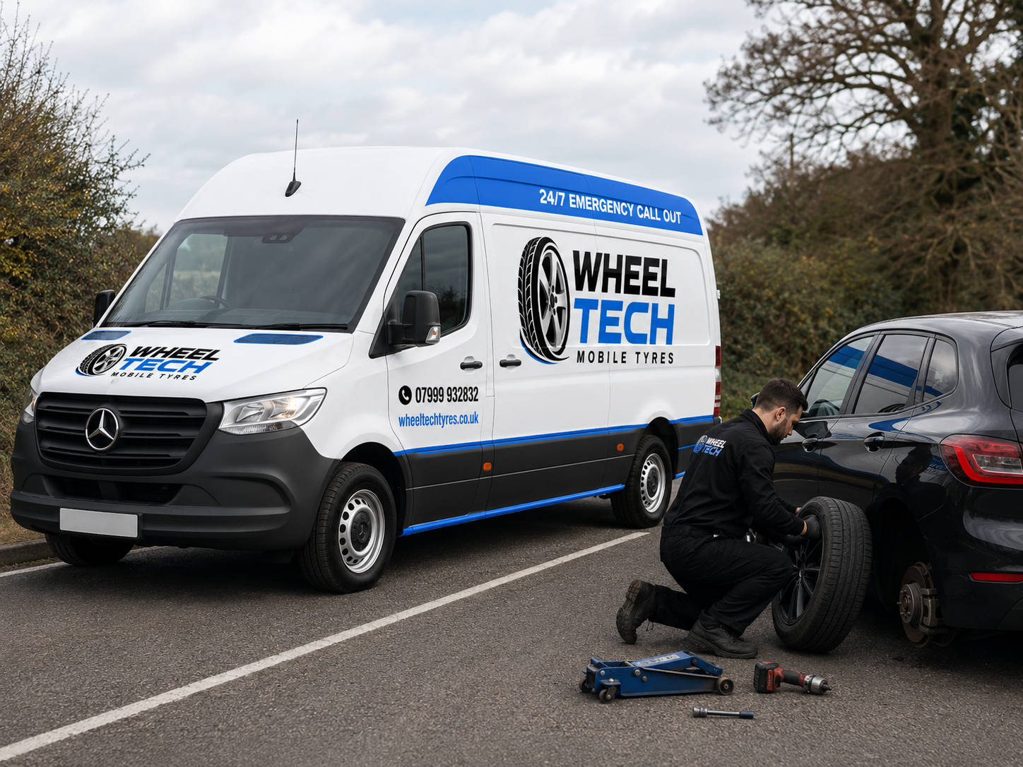 Wheel Tech engineer replacing a tyre at the roadside beside a customer vehicle